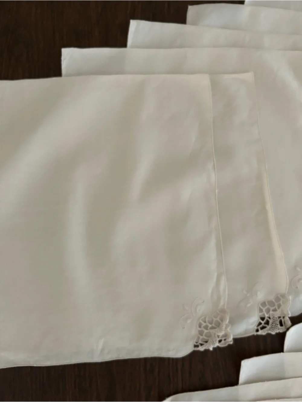 Vintage Linen Napkins Set of 12 Ecru Crochet Lace Corners Embroidered 16”